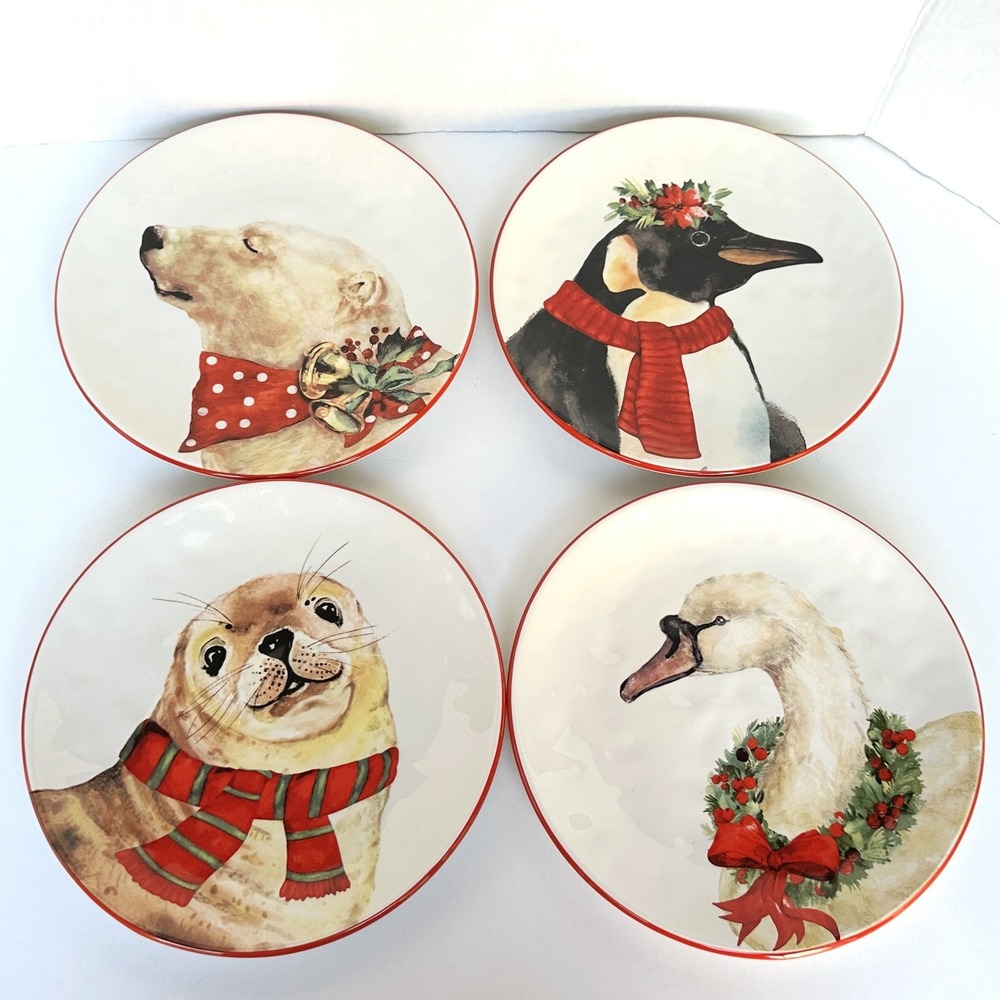 Pier 1 Christmas Animals Dessert Plates Set of 4 Seal Polar Bear Swan Penguin